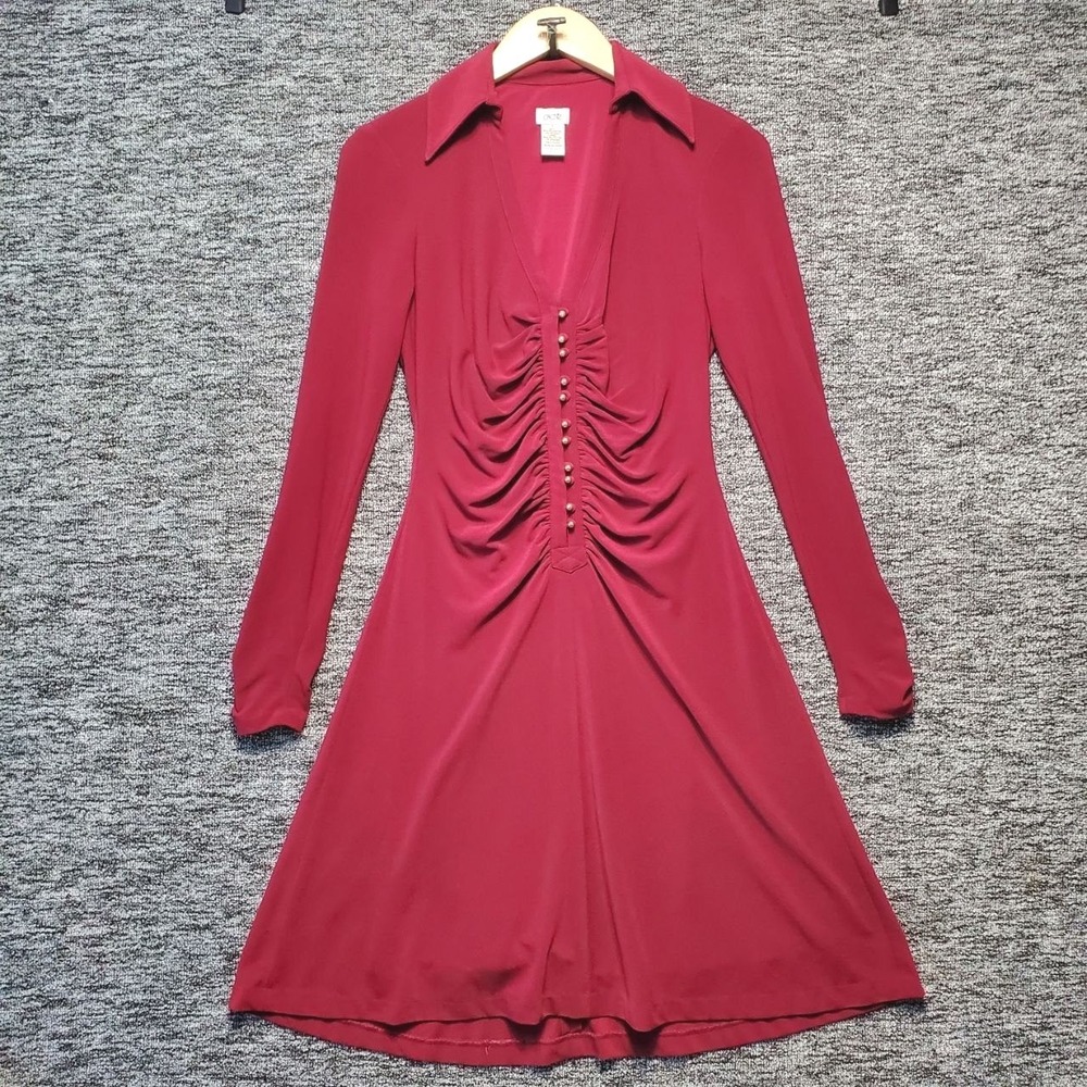 Y2K Cache Dress Women S Burgundy Ruched Button Front Collared Vampy Glam Party